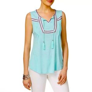 Style & Co Sleeveless Aqua Top with Tassel Detail (M)